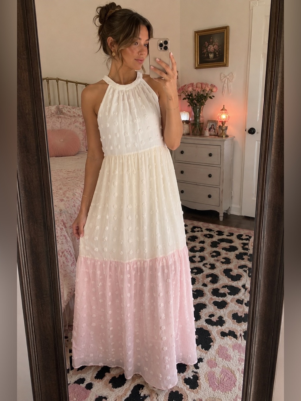 Andrée by Unit Maxi Dress M Pink White Swiss Dot